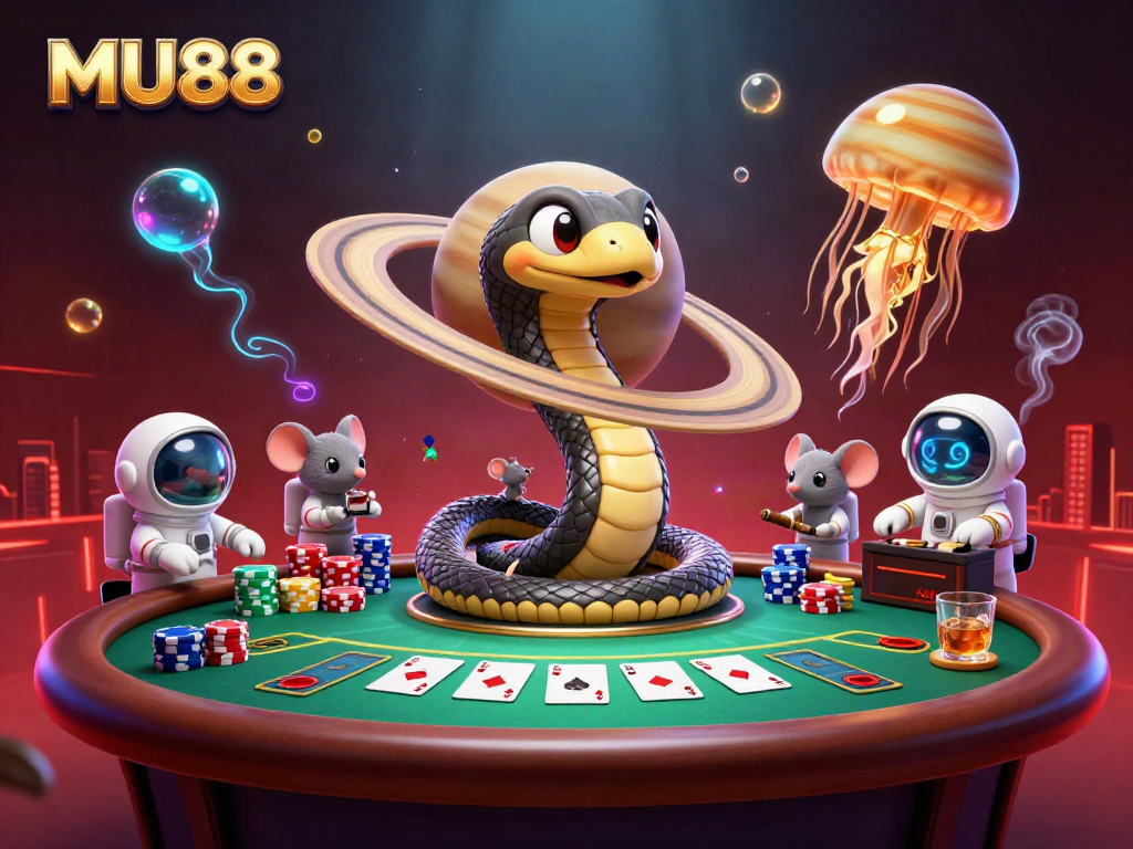 Engage with MU88 as cosmic dealer and astronaut mice bet on roulette-inspired Saturn rings.