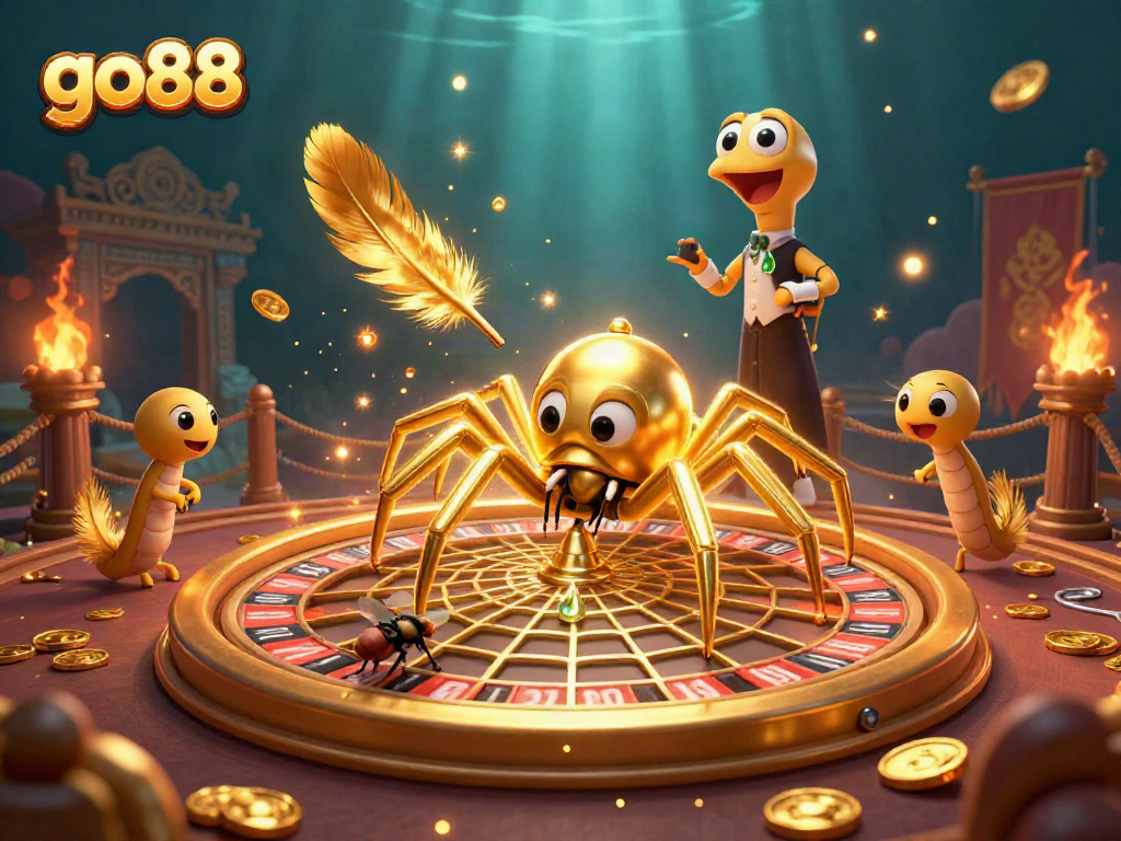 Engage with go88 excitement as golden spider spins a roulette wheel web, illustrating thrilling bets.