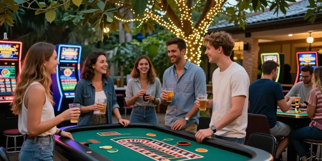Friends enjoying an evening at non gamstop casinos UK with lively atmosphere and gaming excitement.