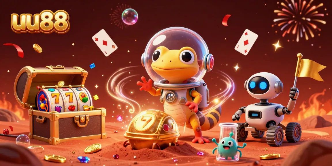 Experience excitement with uu88 as Martian characters and slot reels blend in a vibrant casino scene.
