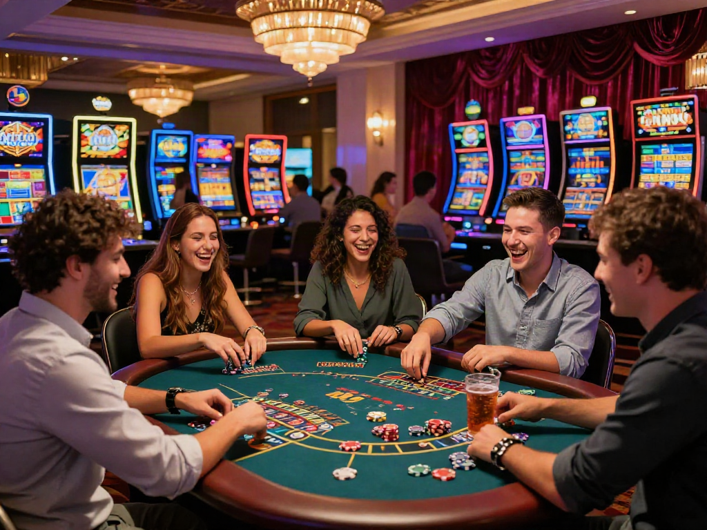 Group having fun at non gamstop casinos uk enjoying games and vibrant atmosphere.