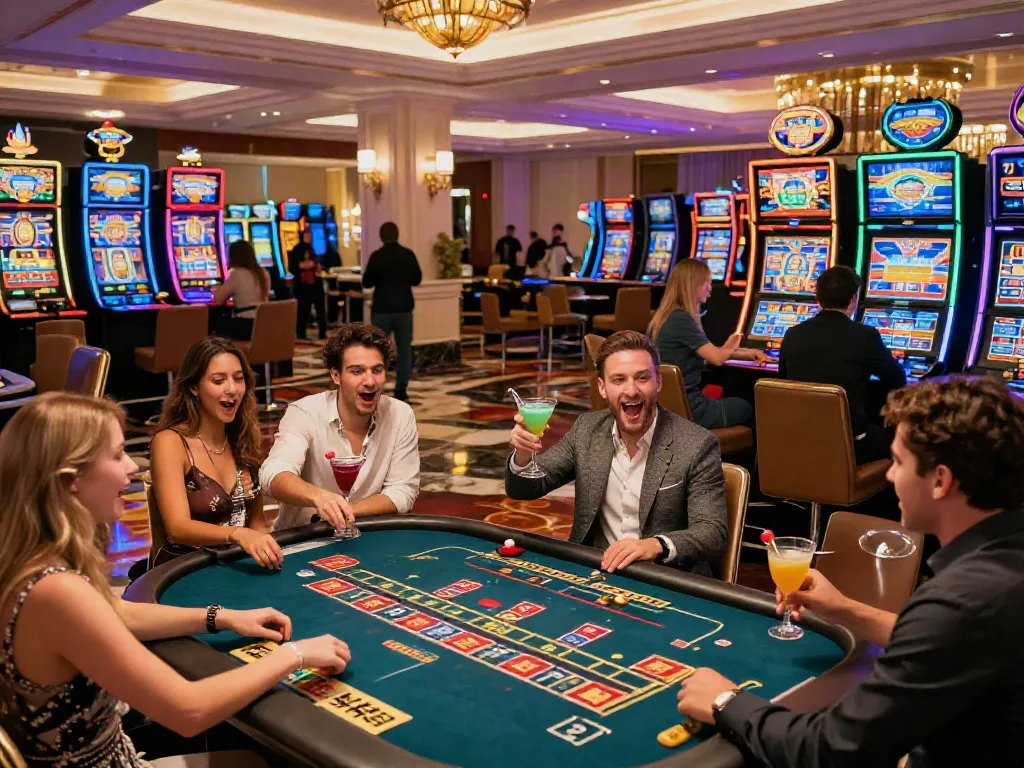 Group of friends celebrating at non Gamstop casinos UK with vibrant casino backdrop.
