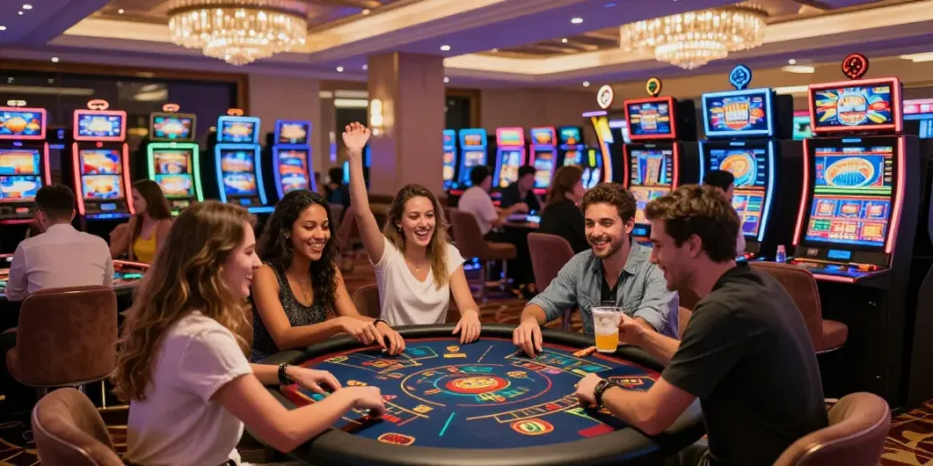 Exciting atmosphere at non gamstop casinos UK with diverse players enjoying gaming tables and slot machines.