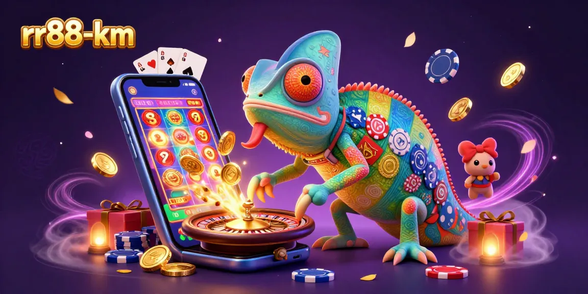 rr88-km captivates players with a vibrant chameleon casino owner surrounded by dynamic games and gold coins.