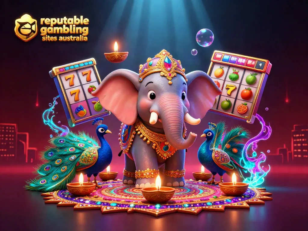 Engage with reputable gambling sites australia featuring vibrant casino-themed elephant and peacock.
