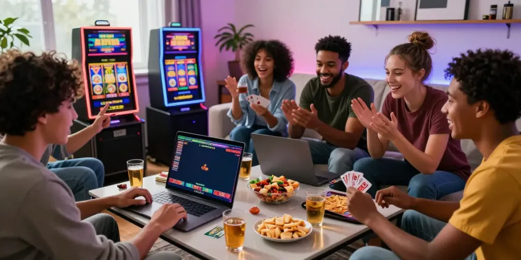Friends enjoying an online gaming session with non gamstop casinos UK on a laptop, vibrant atmosphere.