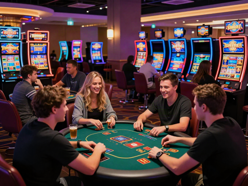 Exciting gaming atmosphere at non gamstop casinos uk with diverse players enjoying slots and poker.
