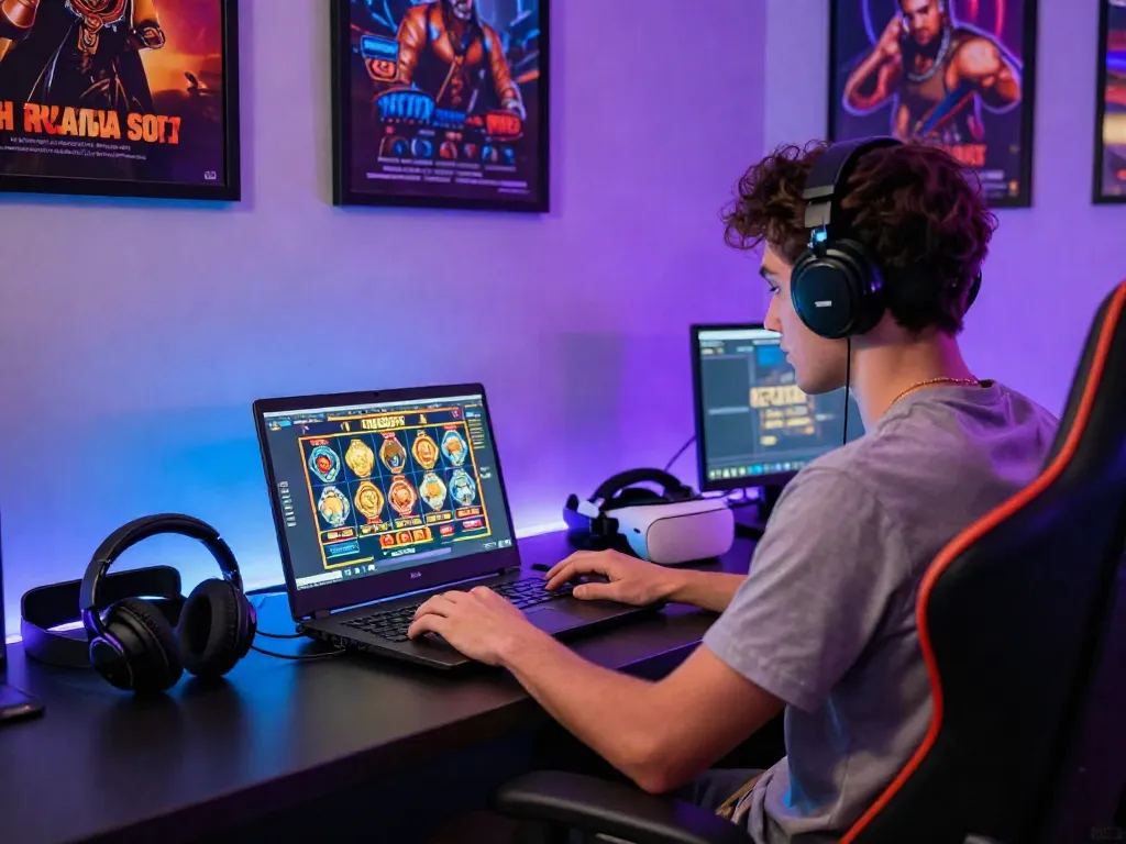 Player enjoying non GamStop casinos UK on a sleek gaming laptop, vibrant gaming accessories in a stylish environment.