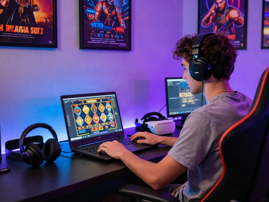 Player enjoying non GamStop casinos UK on a sleek gaming laptop, vibrant gaming accessories in a stylish environment.