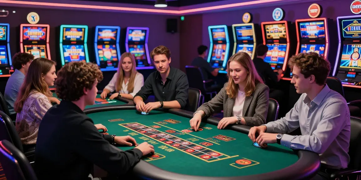 Diverse group enjoying a vibrant atmosphere in non gamstop casinos uk with digital gaming tables and colorful LED lights.