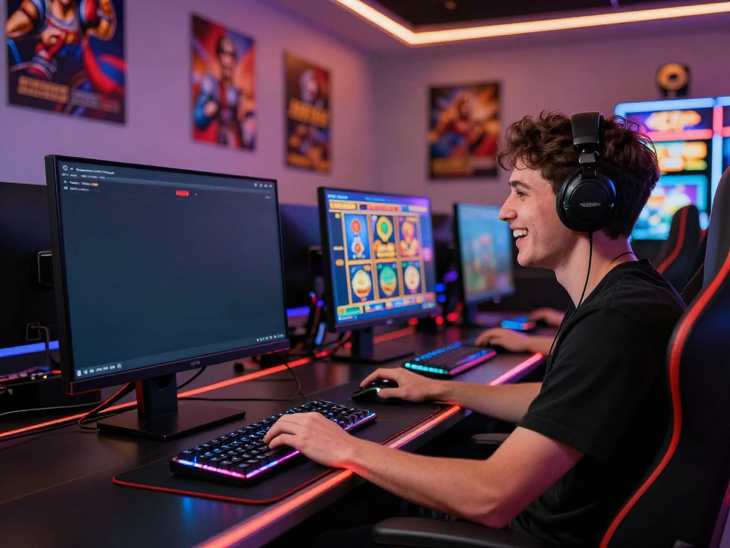 Exciting gameplay at non GamStop casinos UK featuring a vibrant online casino interface with a player engaged at a stylish setup.