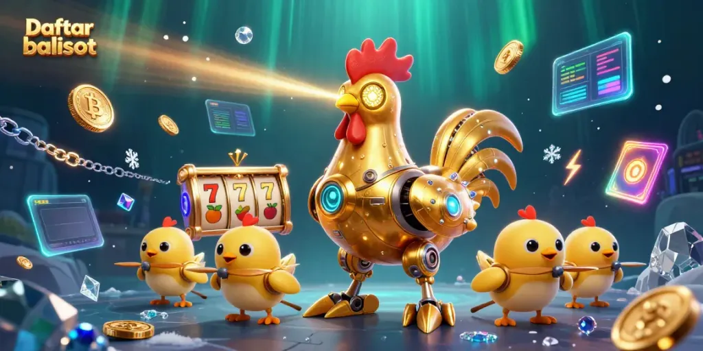 Engage with Daftar balisot showcasing golden rooster robot among slot symbols and crypto coins in a vibrant casino scene.