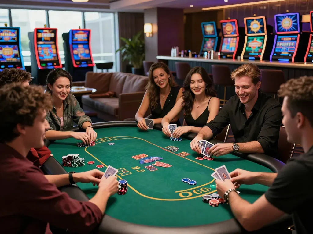 Experience the excitement of non gamstop casinos UK with friends at a lively poker table, luxurious casino atmosphere.