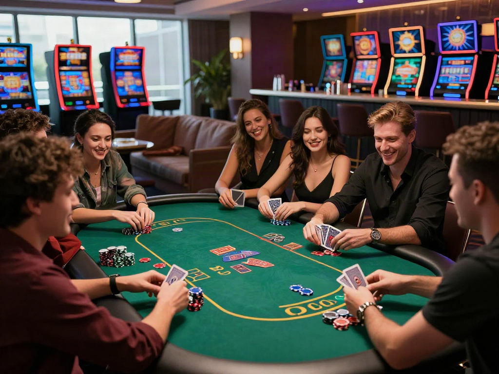 Experience the excitement of non gamstop casinos UK with friends at a lively poker table, luxurious casino atmosphere.