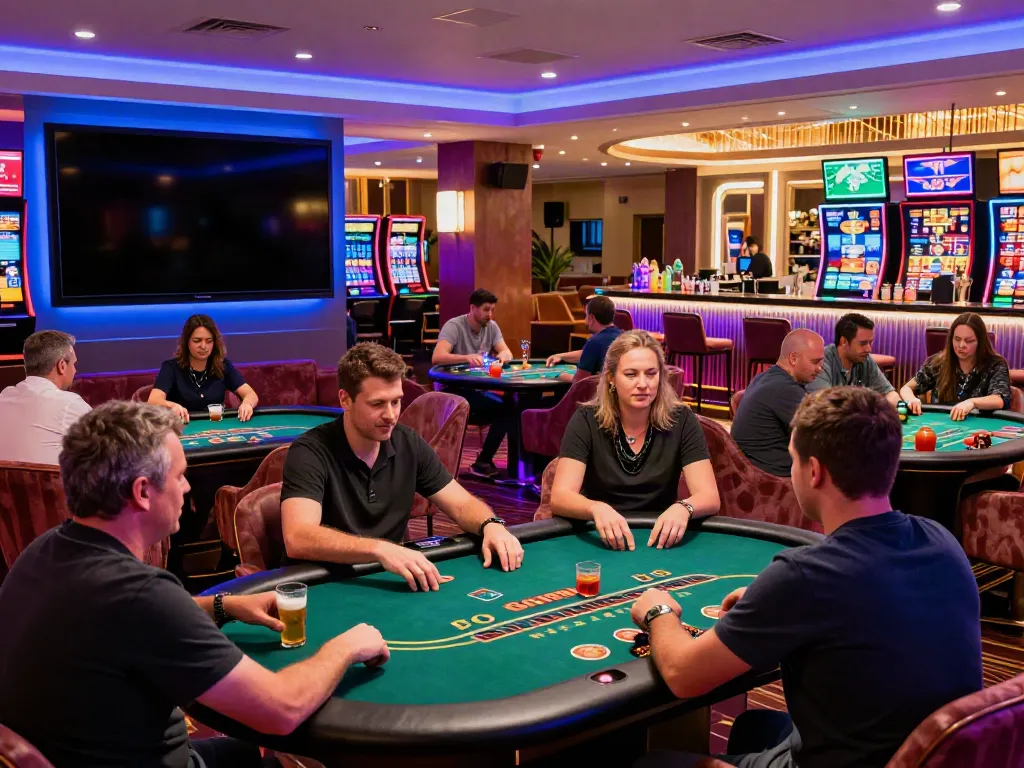 Exciting scene of patrons at non Gamstop casinos UK, engaging in various table games.