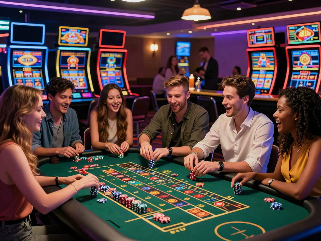 Group enjoying gaming at vibrant non gamstop casinos UK, surrounded by neon lights and roulette.