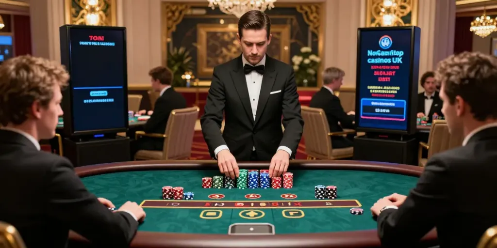 Non GamStop casinos UK gaming scene with diverse players at a luxurious table.