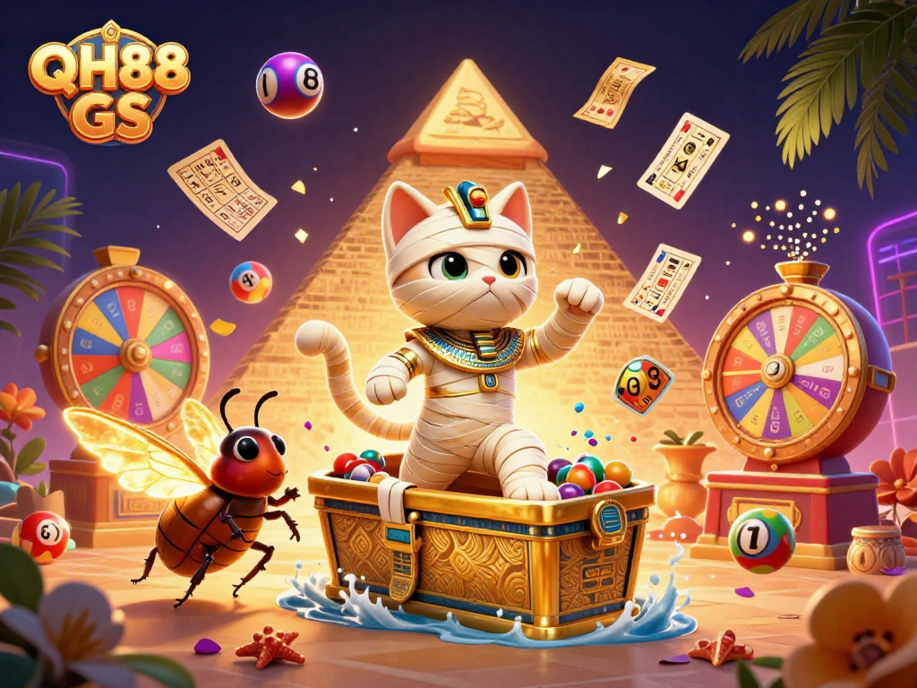 Experience the excitement of QH88 GS with a vibrant 3D illustration featuring gambling icons and characters.