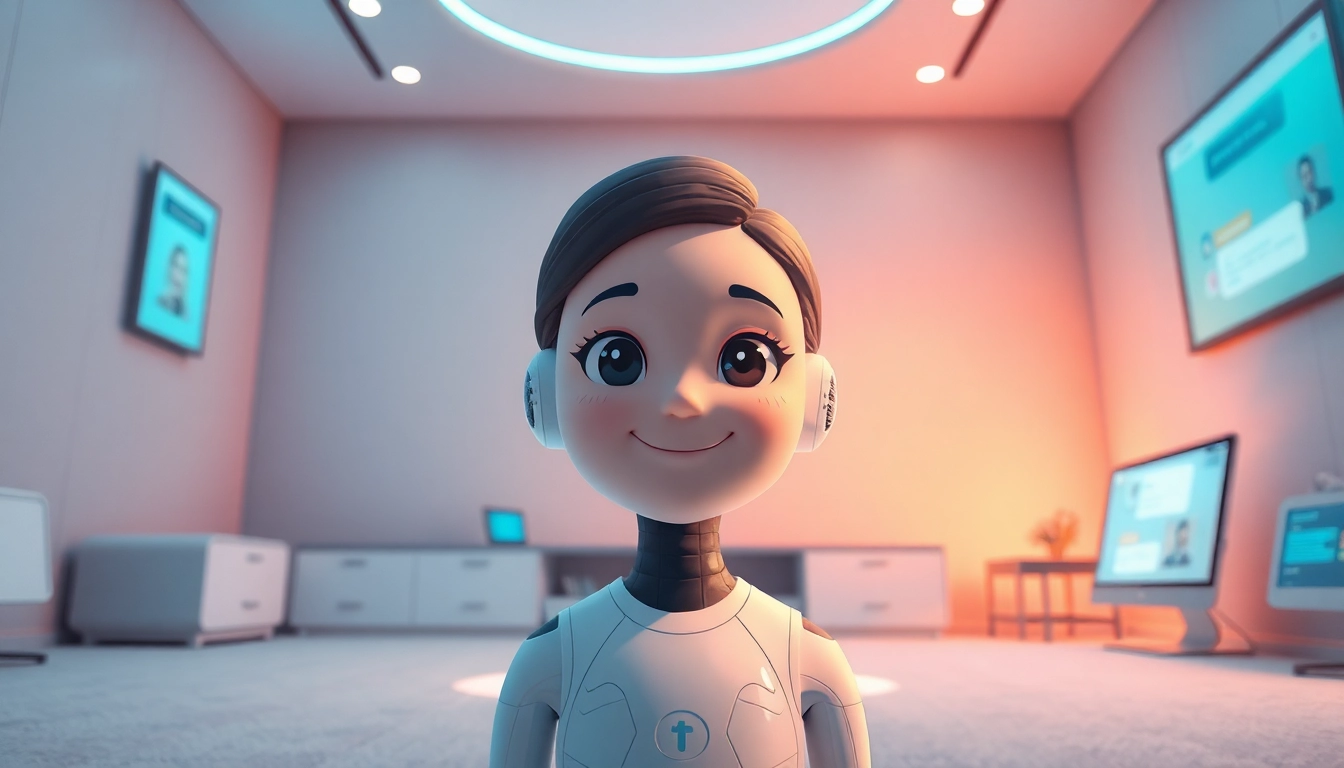 A friendly AI girlfriend engaging in a warm, digital conversation in a serene virtual space.