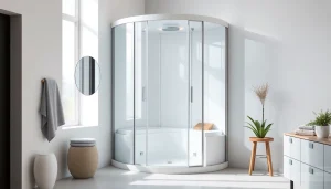 Moderne duschkabine 90x90 komplett in stilvollem Badezimmer mit gläserner Optik.