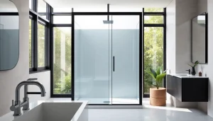 Elegant black shower door enhances the luxury bathroom aesthetic.