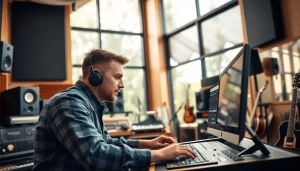 Engineer using online mastering services in a modern studio setting with audio equipment.