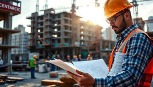 Manhattan Construction Manager reviewing plans at a construction site.
