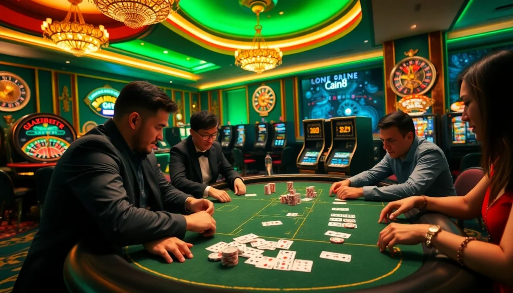 Players enjoying high-stakes poker at nhà cái go8, with dynamic chips and cards in play.