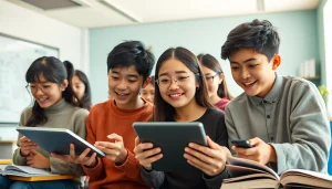 Innovative language learning scene with students using 有道 technology in a modern classroom.