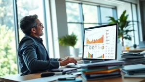 Analyze SEO Rank metrics in a vibrant office with charts and data visuals.