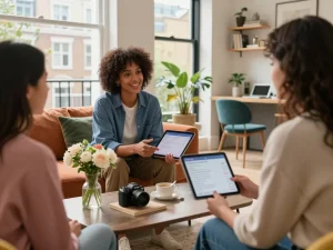 Effective airbnb management london showcasing a property manager discussing strategy with an owner in a stylish London living room.