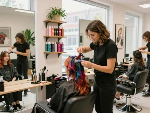 Hair colourist near me providing personalized hair coloring services in a vibrant salon.