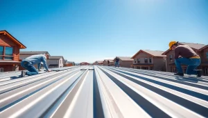 Metal roofing Calgary installation highlights skilled craftsmanship in an urban setting.