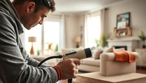 Spray foam removal UK technician expertly removing foam in a bright, residential setting.