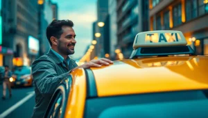 Taxi driver helping a passenger in a bustling city environment.