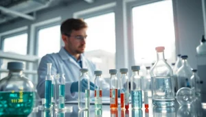 Examine Peptides UK in a laboratory with focused research and a scientist working.