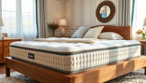 Showcasing a Sealy mattress on a stylish bed, highlighting luxurious comfort in a cozy bedroom.