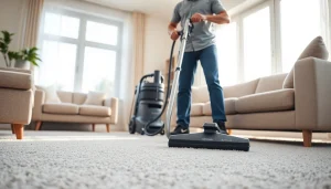 Carpet cleaning in Glasgow with a technician working in a bright living room, ensuring vibrant carpets shine.
