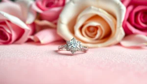 Showcase of intricate Valentine's Day engagement rings UK with sparkling diamonds and rose petals.