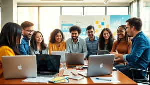 A team collaborating on creative social media ads in a bright, modern workspace.