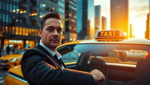 Taxi parked in a lively city, showcasing a focused driver ready for customers.