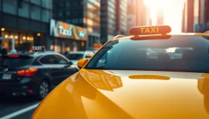 Taxi driving through a vibrant cityscape with a sleek design and bright sunlight.