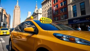Taxi parked in a vibrant city, showcasing urban transport and lively atmosphere.