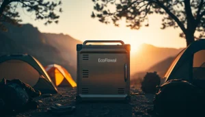 EcoFlow power station providing energy solutions in a tranquil outdoor camping setting.