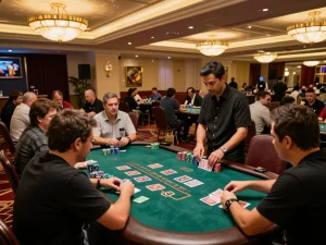 Engaged players at a blackjack table strategizing their moves, enhancing their chances with sv66 gaming.