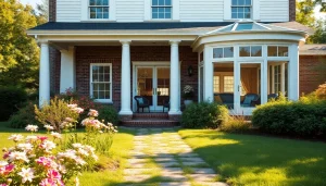 Explore this elegant colonial home addition with a stunning sunroom, cozy garden, and classic architectural features.