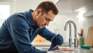 Plumber near me fixing a leak under a sink in a bright kitchen, showcasing expertise.