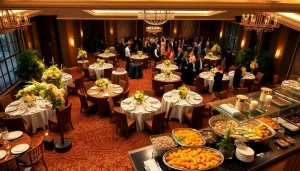 Cateringhirelondon offers an elegant catering setup for luxurious events with beautiful floral arrangements.
