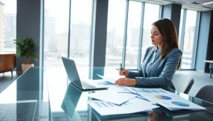 Visual depicting pre-post award compliance documents being analyzed by a business professional in a modern office.