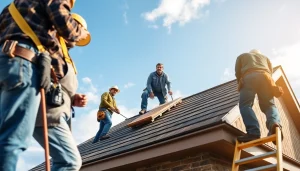 Roofing company team installing shingles on a residential home, demonstrating craftsmanship and professionalism.